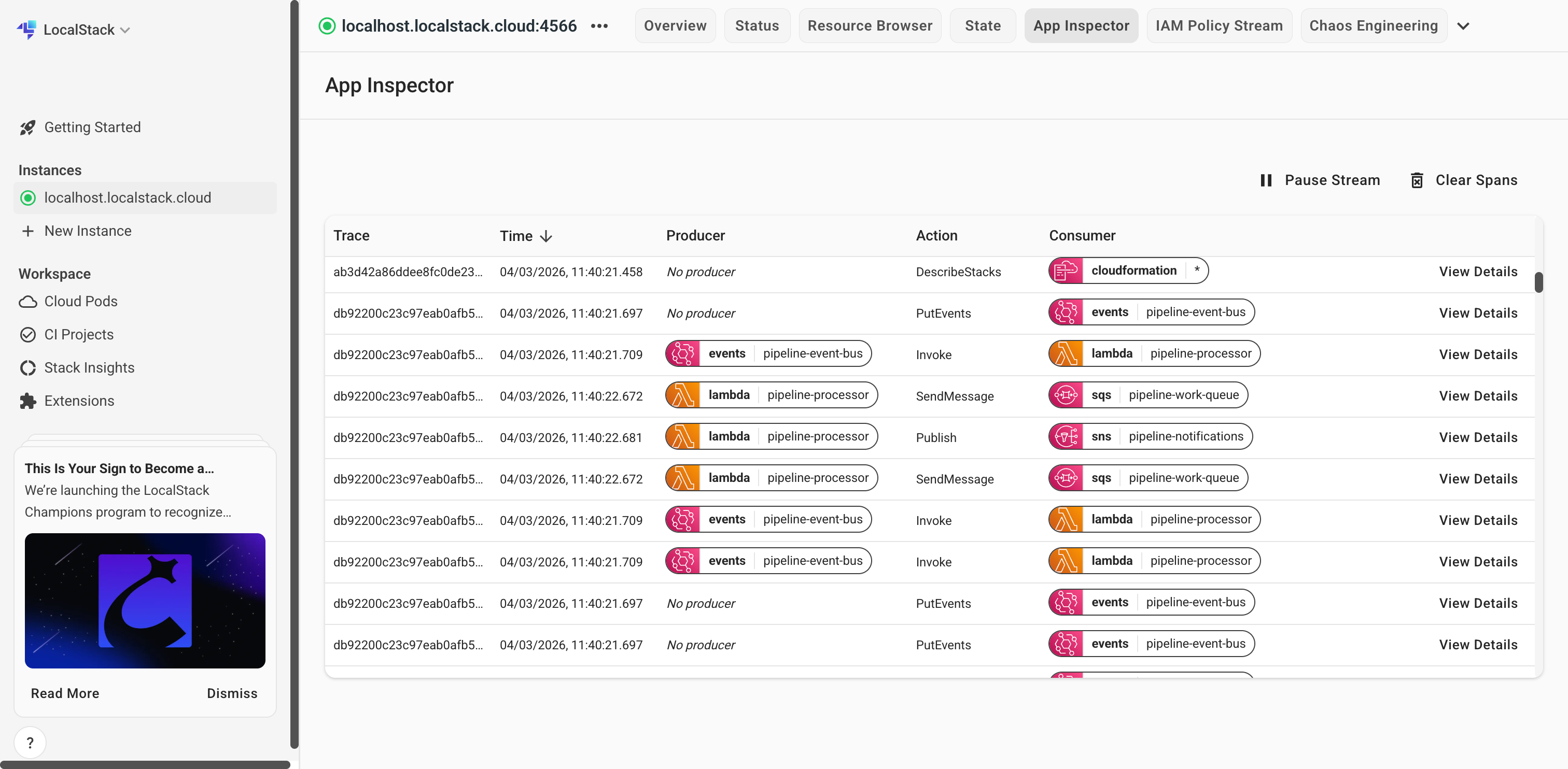 App Inspector event list showing a fanout pipeline across EventBridge, Lambda, SQS, and SNS