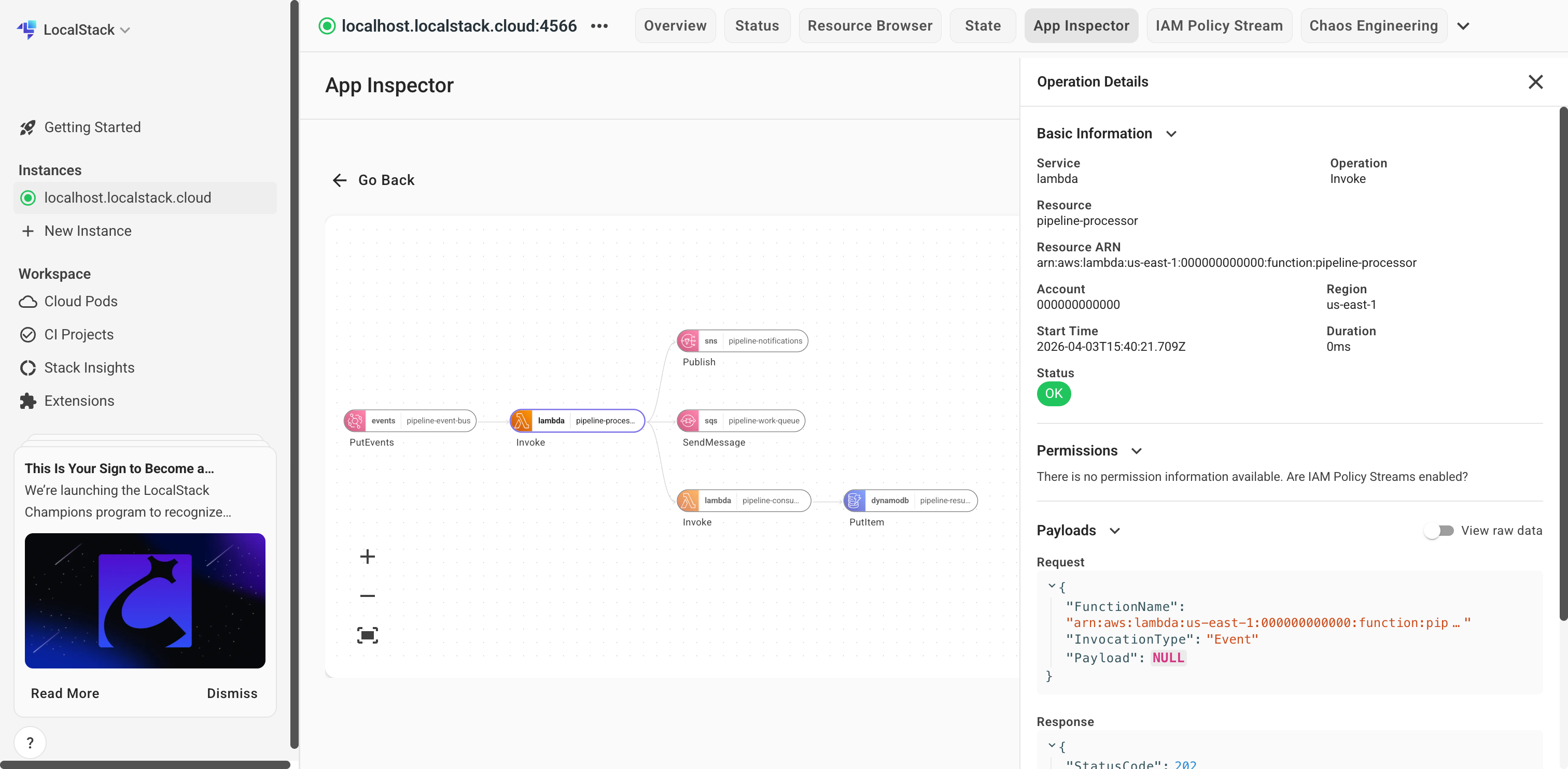 App Inspector operation details panel showing service, resource, payloads, and status for a Lambda invocation