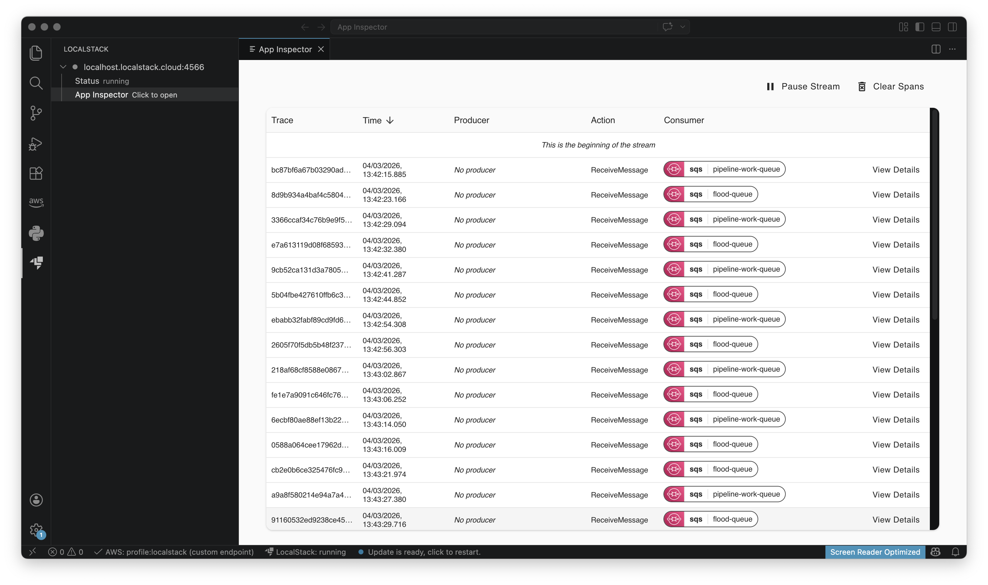 App Inspector panel in the LocalStack Toolkit for VS Code showing a live event stream