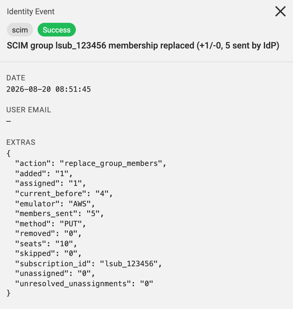 Identity Logs event for a SCIM license group membership replacement