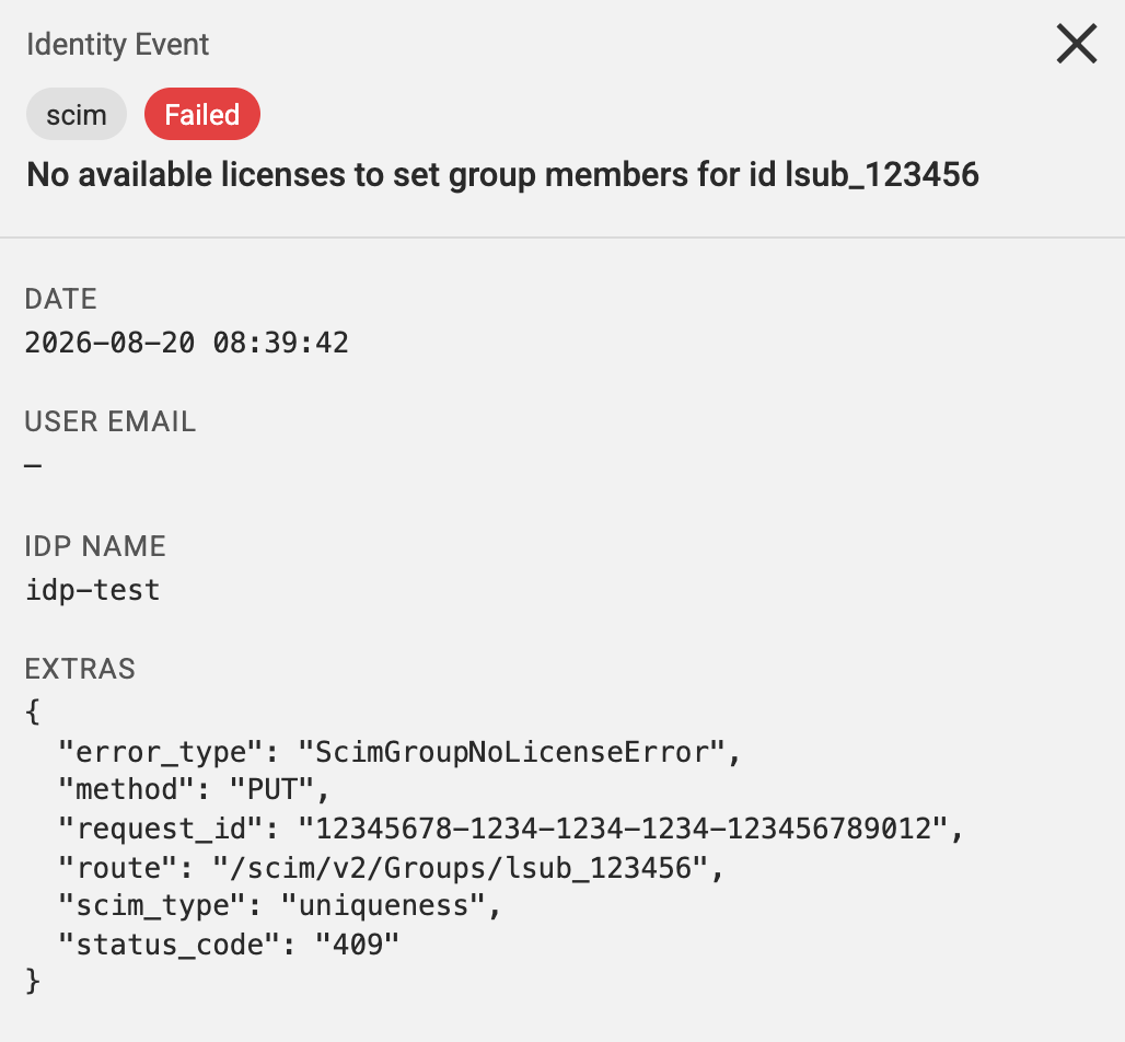 Identity Logs event for a SCIM license group with no available licenses
