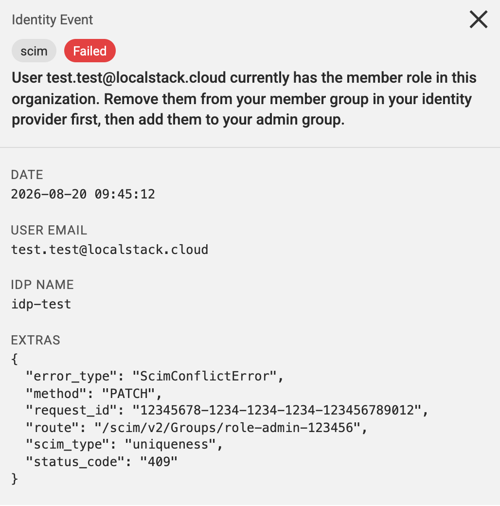 Identity Logs event for a SCIM role group conflict
