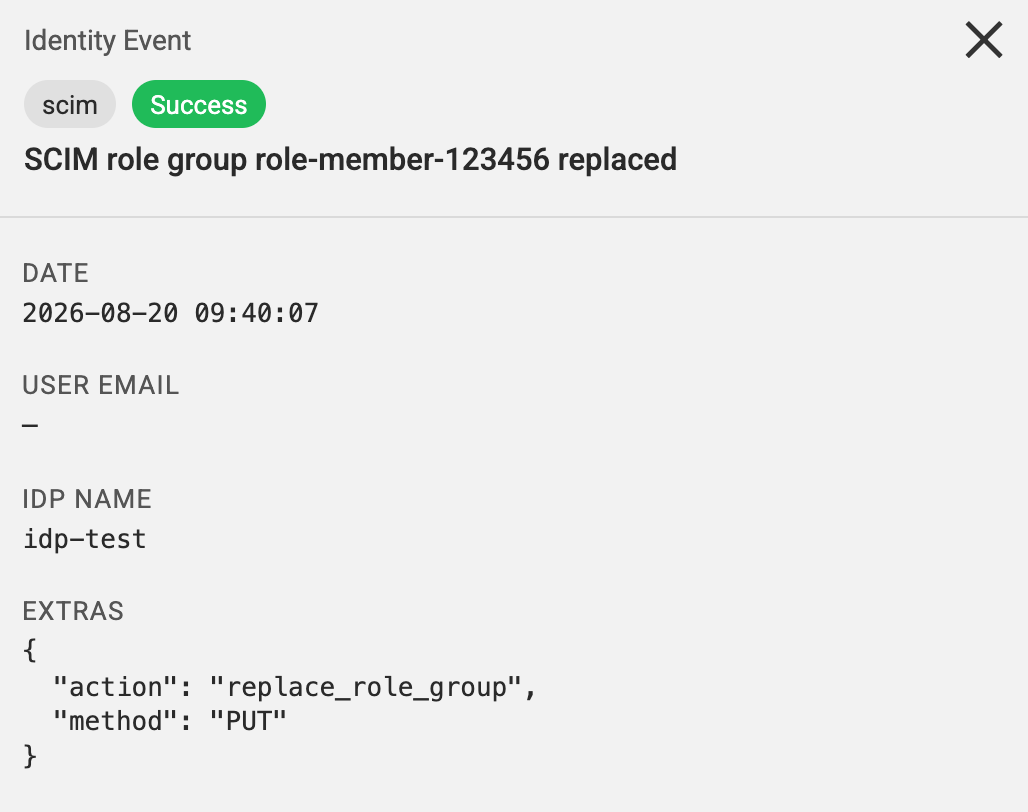 Identity Logs event for a SCIM role group replacement