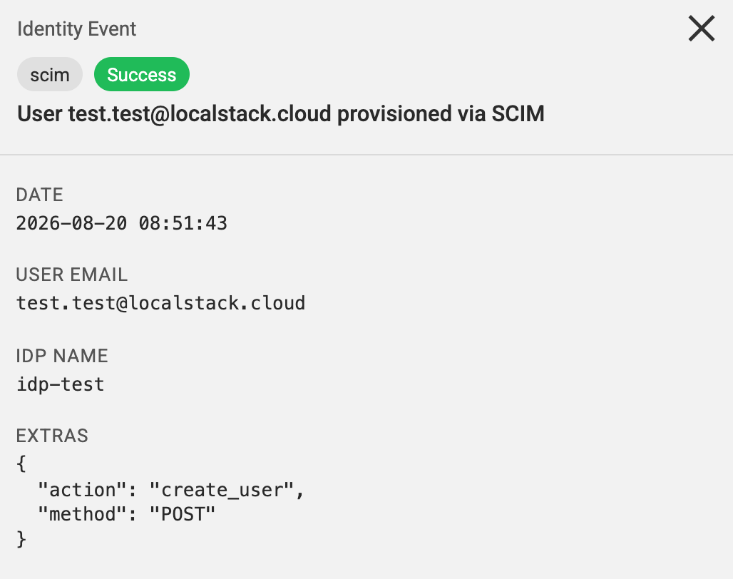 Identity Logs event for a user provisioned via SCIM