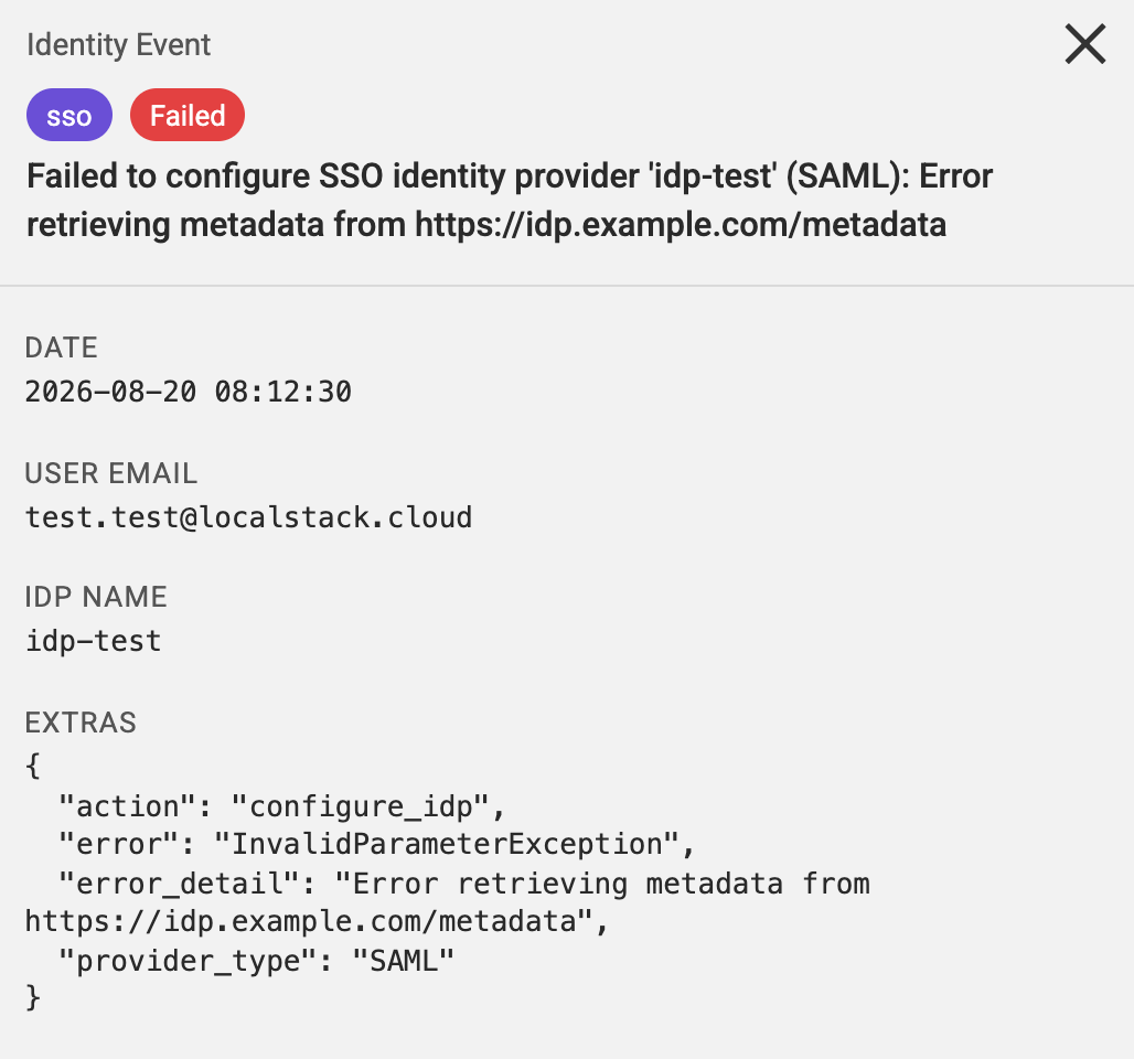 Identity Logs event for a failed SSO identity provider configuration