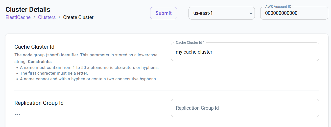 Create a ElastiCache cluster in the resource browser