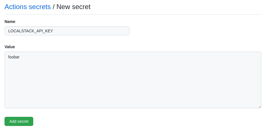 Adding the LocalStack CI key as secret in GitHub