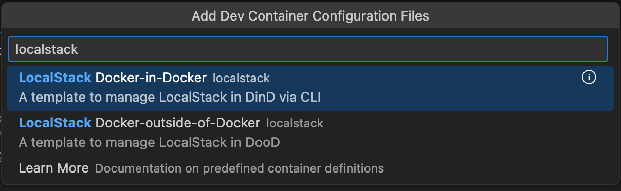 Select official LocalStack Template (DinD)