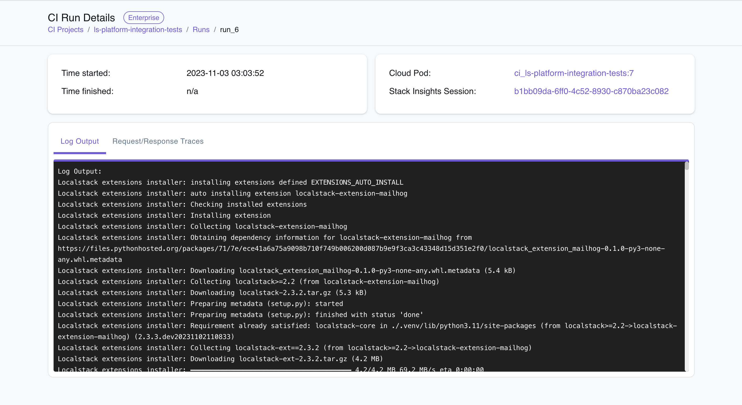 Logs being displayed on the CI Project run