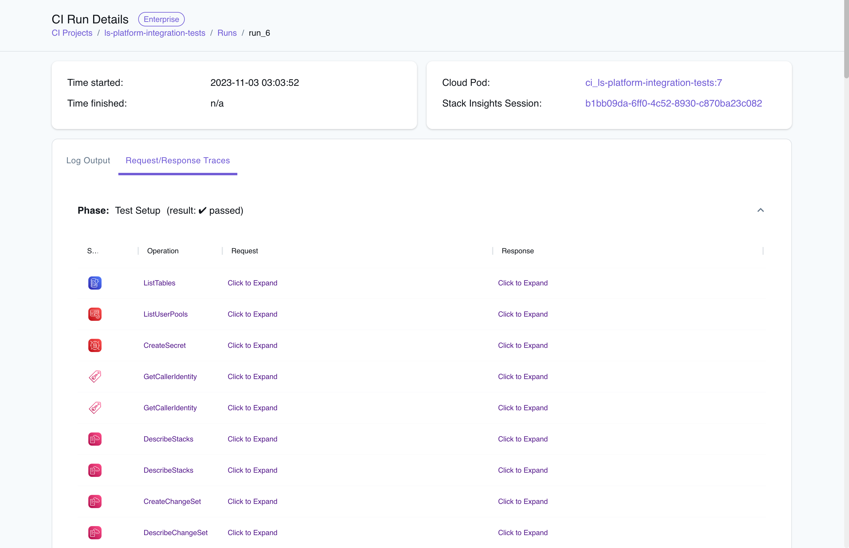 Request/Response traces from the CI Project run