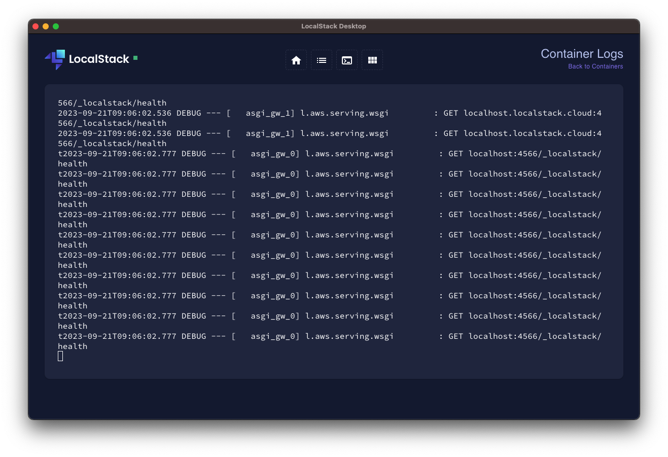 LocalStack Desktop Logs tab