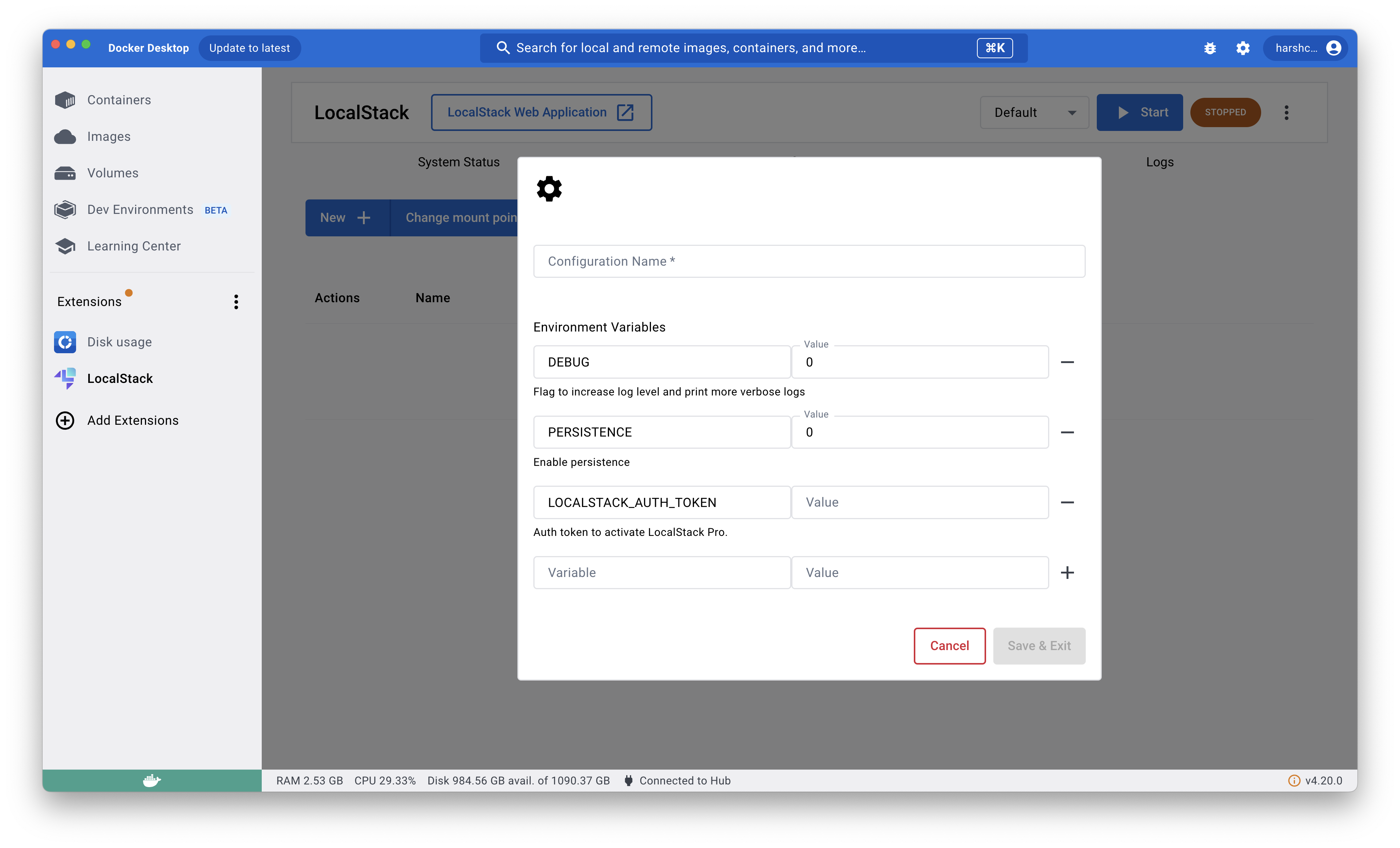 Create your configuration profiles within LocalStack's Extension to affect the state of LocalStack