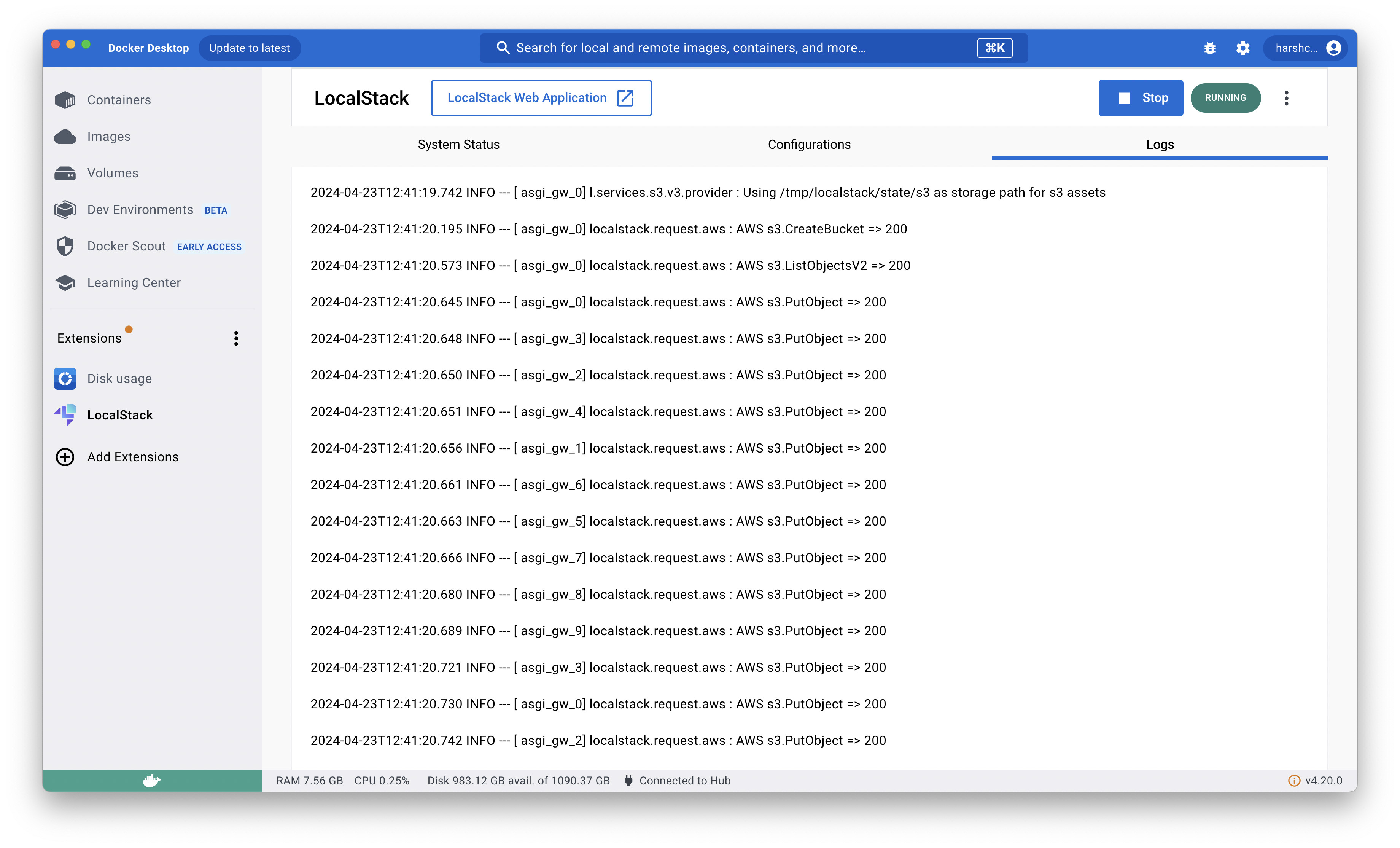 Check the logs of your running LocalStack container through LocalStack's Docker extension