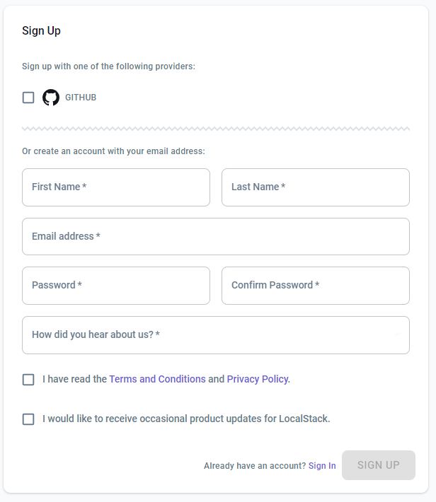 A screenshot of the sign up form