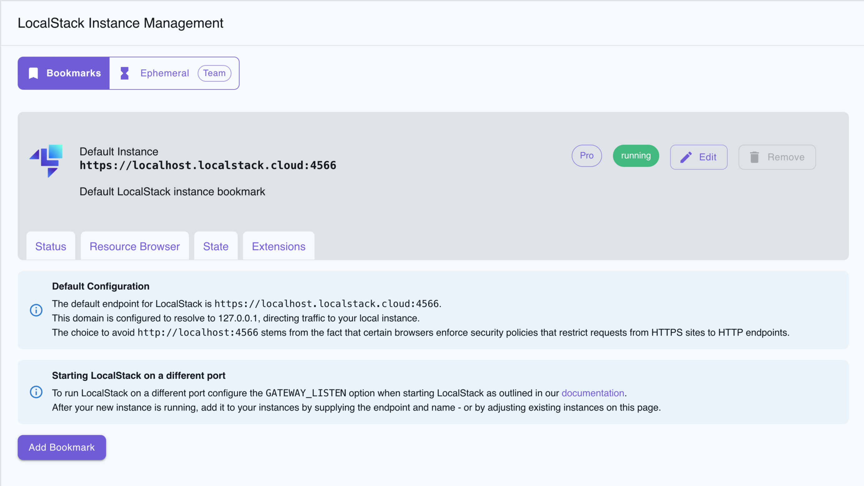 LocalStack Web Application's Instance Management page