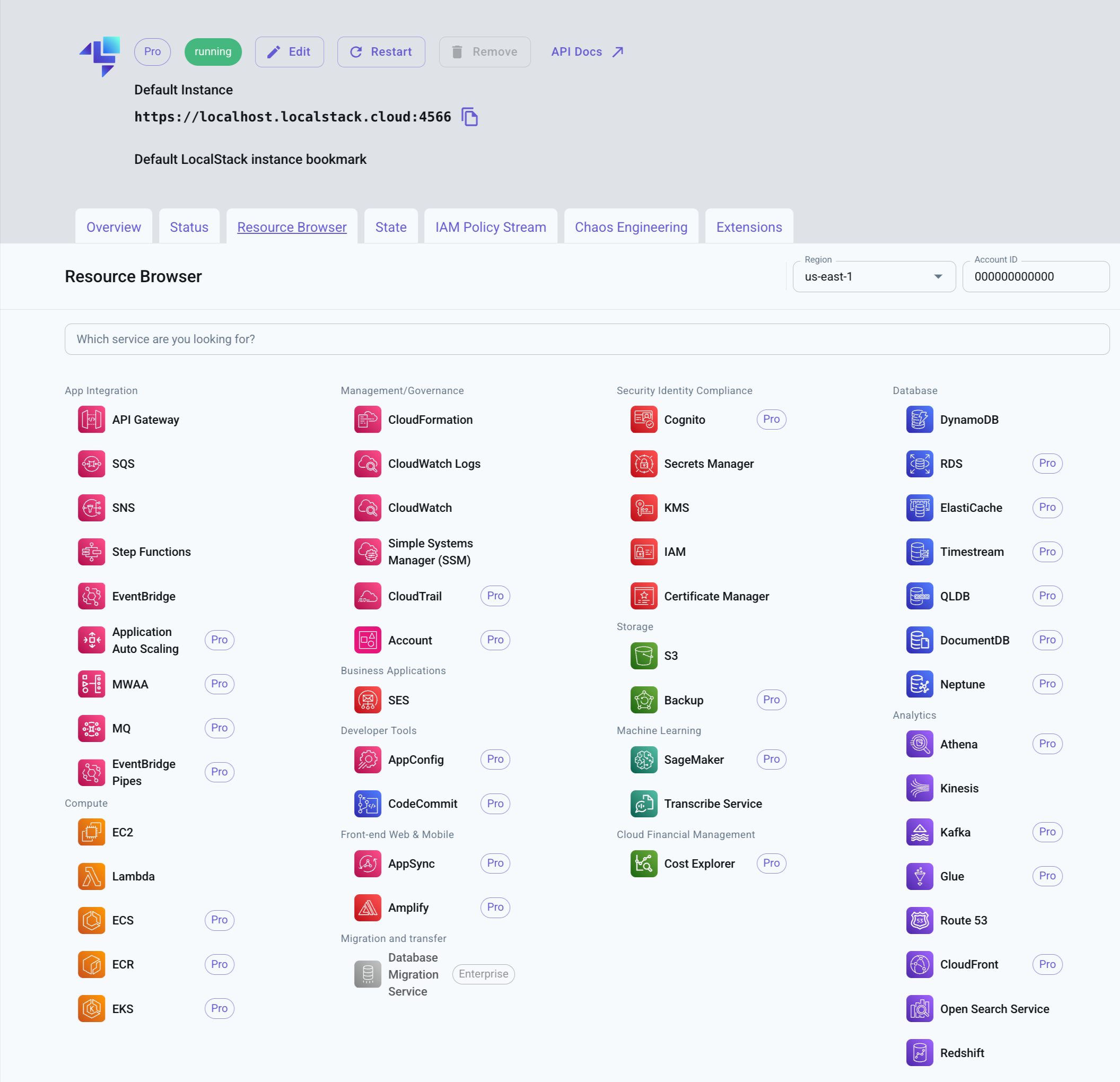 LocalStack Web Application's Resource Browsers outlining various local AWS services