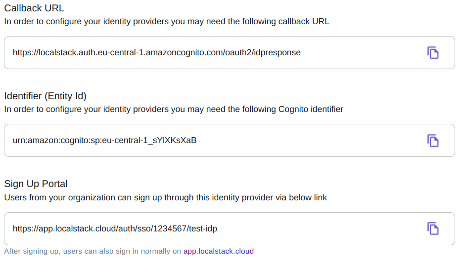Callback URL, Sign Up Portal URL, and Identifier (Entity Id)